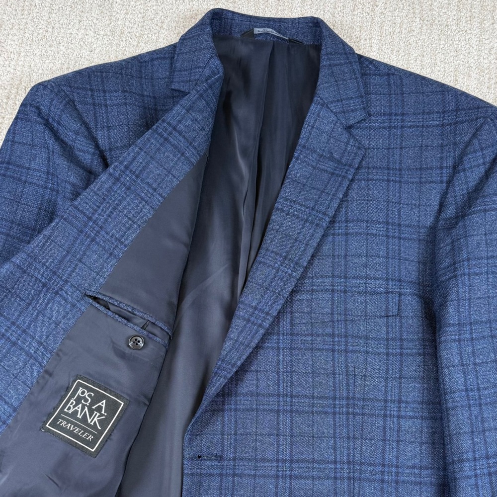 Jos A Bank Mens 48R Blue Plaid Traveler Tailored Fit Wool Blazer Sport Coat